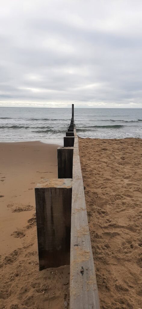Executive coaching session in Poole – leadership and wellbeing support. Grow with confidence, balance, and purpose. The image shows a wooden groyne to symbolise pathing your own robust path.